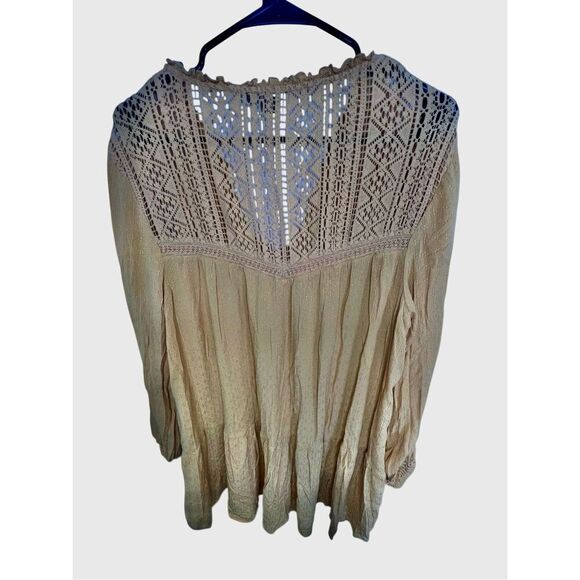 American Eagle Mustard Yellow Crochet Long Sleeve Blouse With Tassels - Picture 5 of 6